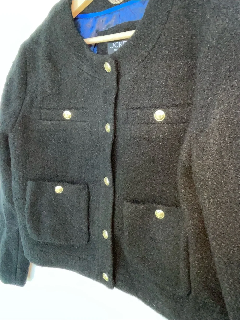 J. Crew Lady  Black Tweed Cropped Button Jacket with Gold Buttons